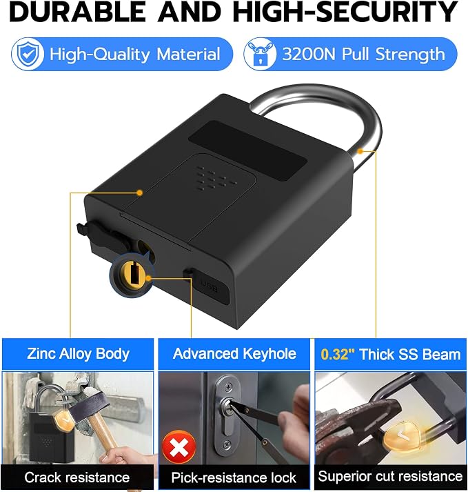 eLinkSmart Fingerprint Padlock with Key Backup, Heavy Duty Weatherproof Bluetooth Biometric Keyless Electronic Digital Smart Pad Lock for Gate Outdoor Fence Storage Locker Pool Shed