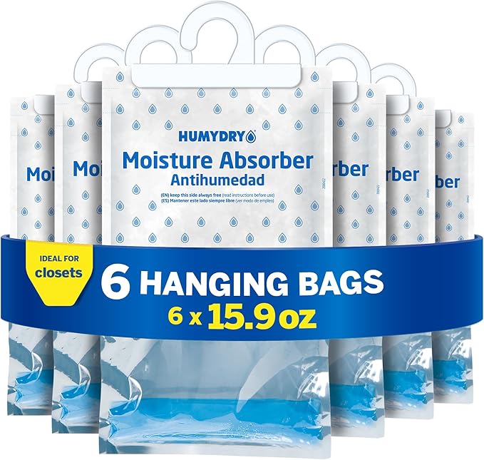 HUMYDRY Hanging Moisture Absorber for Closets, Pack of 6 Unscented 15.9 Oz Dehumidifier Bags, Each Bag Lasts 3 Months, Fights Summer Humidity, Non Electric for Wardrobes & Storage