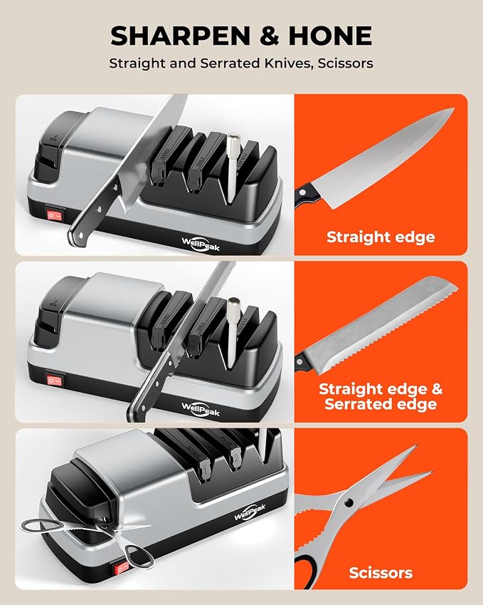 Multifunctional 4-Stage Electric Knife & Scissor Sharpener, Diamond Abrasive for Straight Edge Chef Knives, Detachable Ceramic Hone Rod for Serrated Knives Polishing
