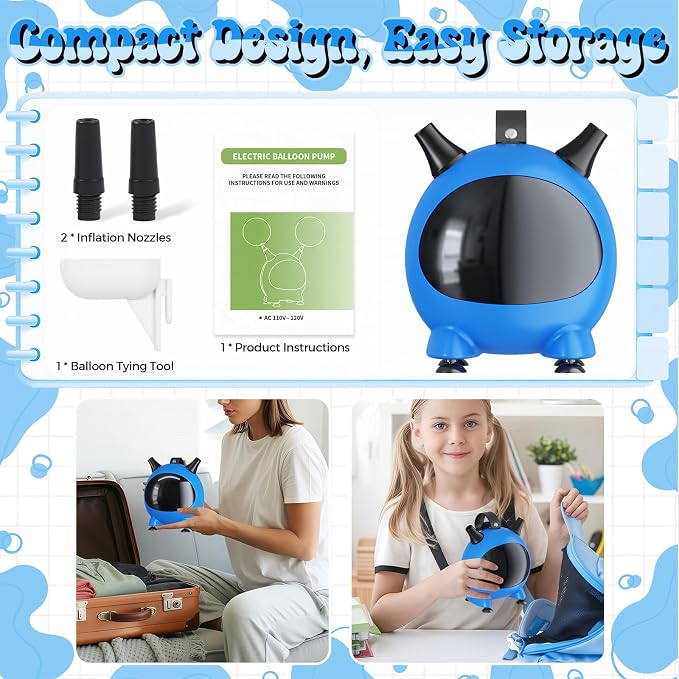 Togvu Balloon Pump Electric, Portable Balloons Inflator Air Pump with 2 Nozzles, Small Balloon Blower Machine 600W for Latex Garland Arch and Foil Balloons