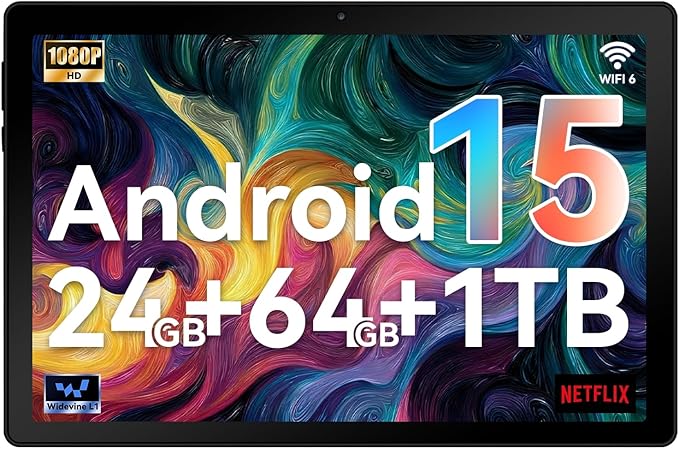 10 Inch Android Tablet, Octa-Core Processor, 24GB RAM 64GB ROM, IPS HD Display, Android 15, Dual Camera, 5000mAh Battery, Widevine L1 Certified, WiFi Bluetooth Tablets ﻿ (White)