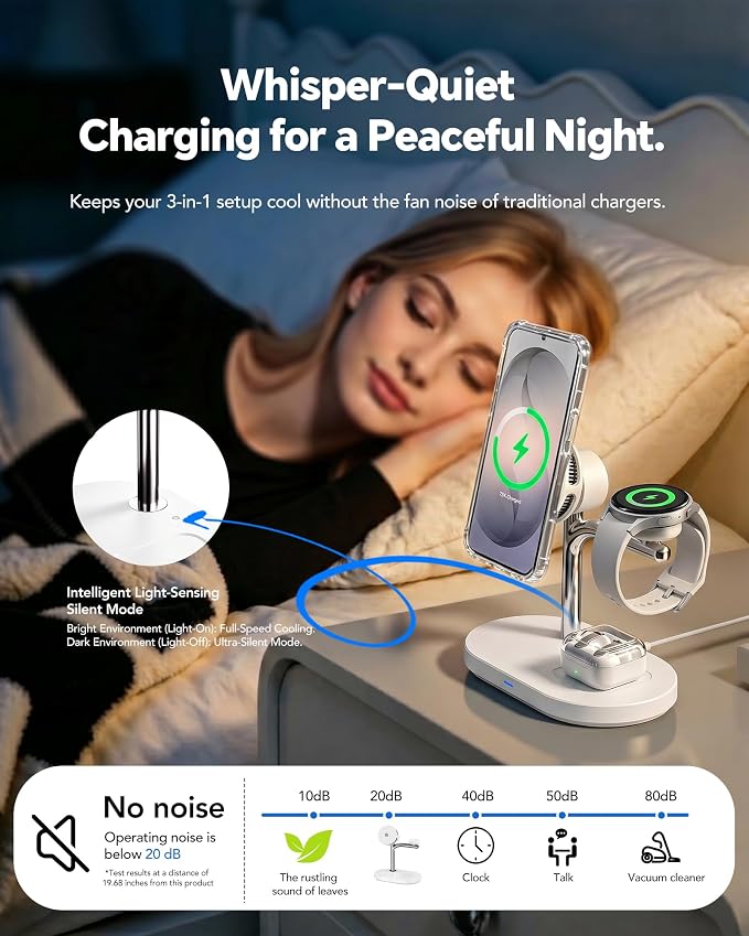 Qi2.2 25W 3 in 1 Wireless Charging Station with TEC Active Cooling Mag-Safe Charger Stand,Magnetic Qi 2 Wireless Charger for Galaxy S26/S25/S24,iPhone 17-8,Samsung/Apple Watch,Pods/Buds(45W Included)