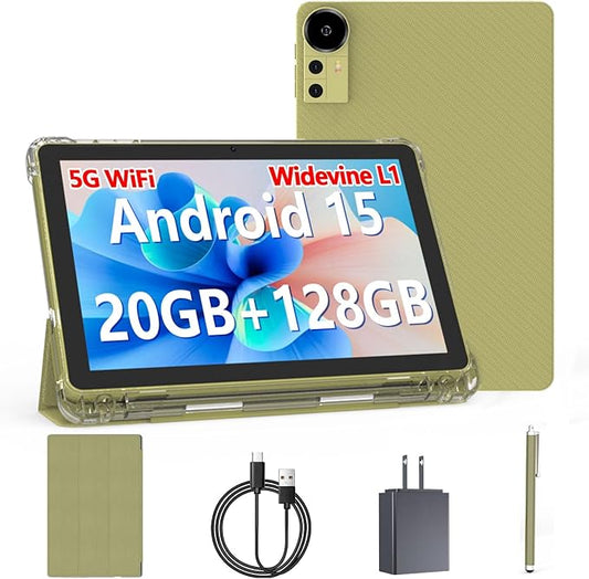 Android 15 Tablet 10 inch Tablets, 20GB RAM 128GB ROM 2TB Expand, 2.0Ghz CPU Quad-Core Processor Tablet PC with Case and Stylus, 5G WiFi6, BT5.0, 6000mAh Battery, Dual Camera, Widevine L1, GMS, Yellow