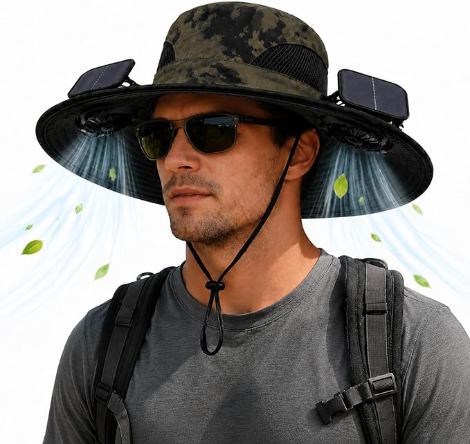 Berlune Sun Hat with 2 Solar Fan Wide Brim Fishing Bucket Hat USB & Solar for Men Women UPF 50+ Cooling for Fishing Beach