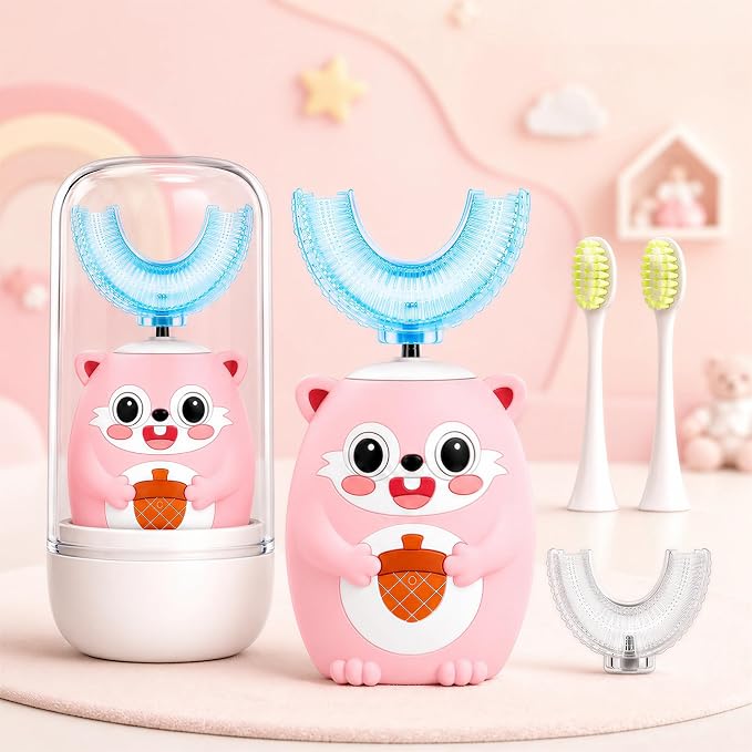 Kids U-Shaped Automatic Electric Toothbrush, Children’s 360° Mouthpiece Design for Full-Mouth Cleaning, 3 Cleaning Modes, Cute Animal Squirrel Style