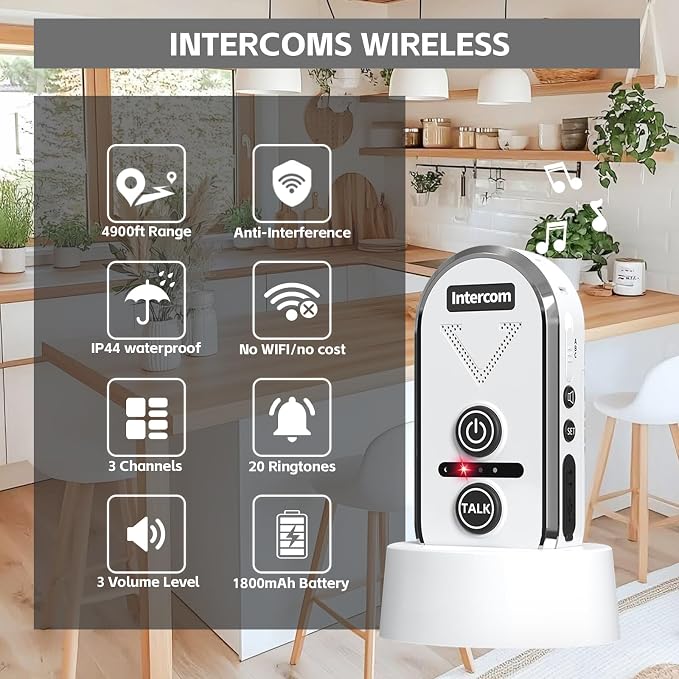 Intercoms Wireless for Home, 2 Way Intercom Communication 4900ft Long Range,Room to Room Intercom Wireless with 3 Volume Levels,20 Chimes Home Intercom System for Indoor Outdoor Use