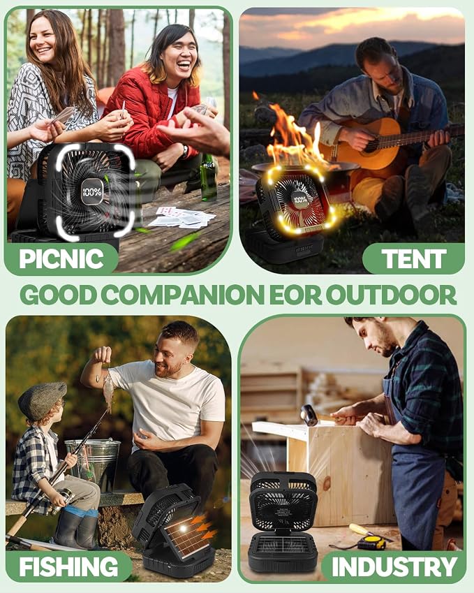 25000mah Camping Solar Fan, 120° Oscillation Rechargeable Solar Powered Fan with LED Light, 6 Adjustable Speeds Battery Powered Portable Fans, USB-C Fans for Travel Tent Camping Accessories
