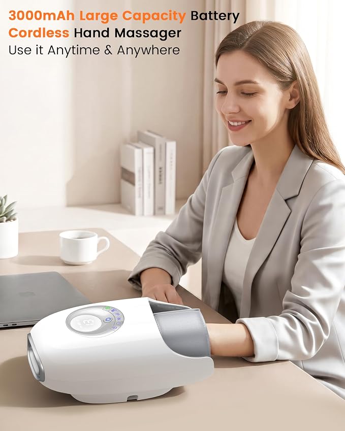 JZBRAIN Hand Massager with Heat and Compression : Full Hand & Wrist Massage, Cordless Electric Hand Massager with 6 Modes & 6 Intensities for Office, Seniors Daily Comfort & Relaxation (White)