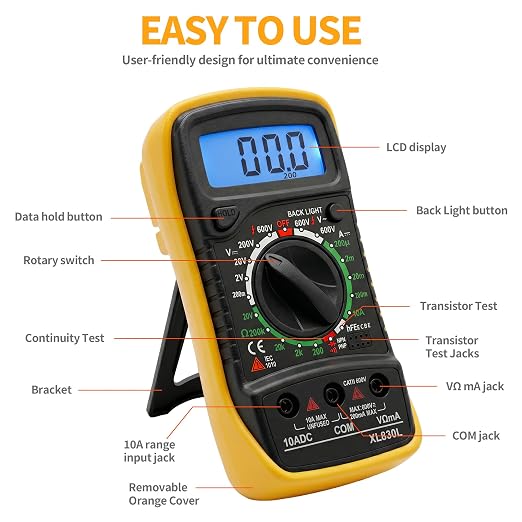 Digital Multimeter, Manual-Ranging, 600V AC/DC Voltage Tester, Tests Batteries, Current, Resistance, Diodes, and Continuity, Black