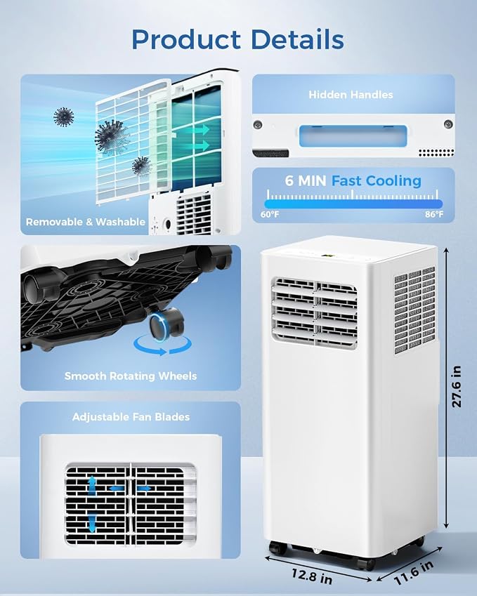 Feelfunn 12,000 BTU Portable Air Conditioners - 3-in-1 Portable AC Unit Cools Up to 600 Sq.Ft., with App/Wifi/Remote Control, Dehumidifier & Fan Modes, Window Mounting Kit, Ideal for Bedroom, Dorms