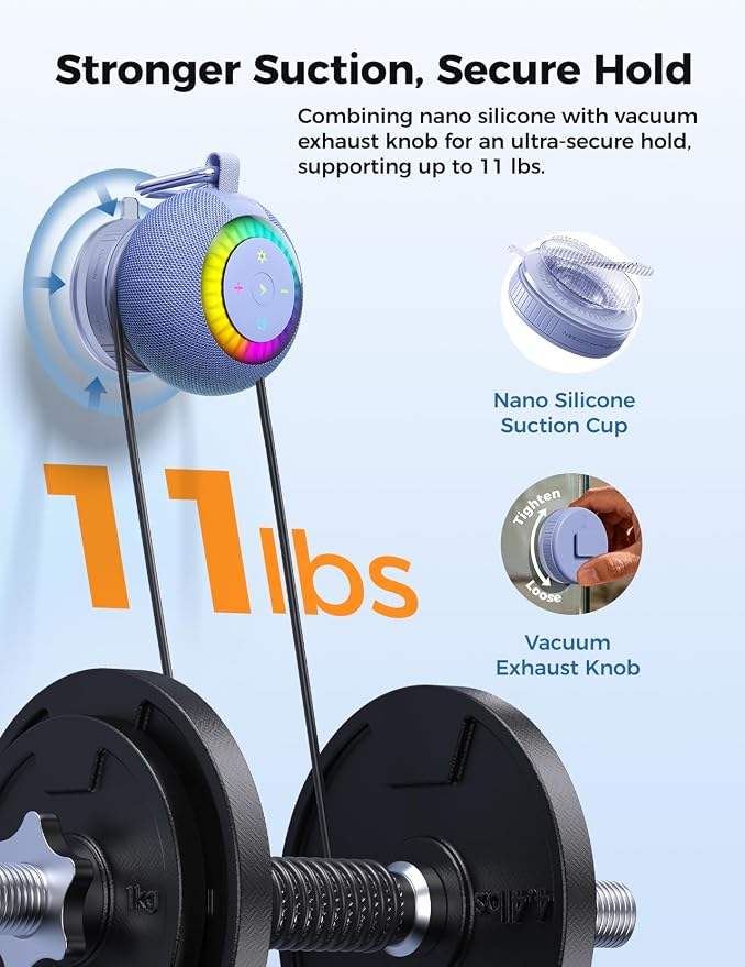 Bluetooth Shower Speaker Waterproof IPX7: Removable Vacuum-Lock Suction Cup, 360° Surround Sound, RGB Light, Portable Wireless Speaker for Beach, Pool, Kayak, Back to School Gifts for Adult Teen-Blue