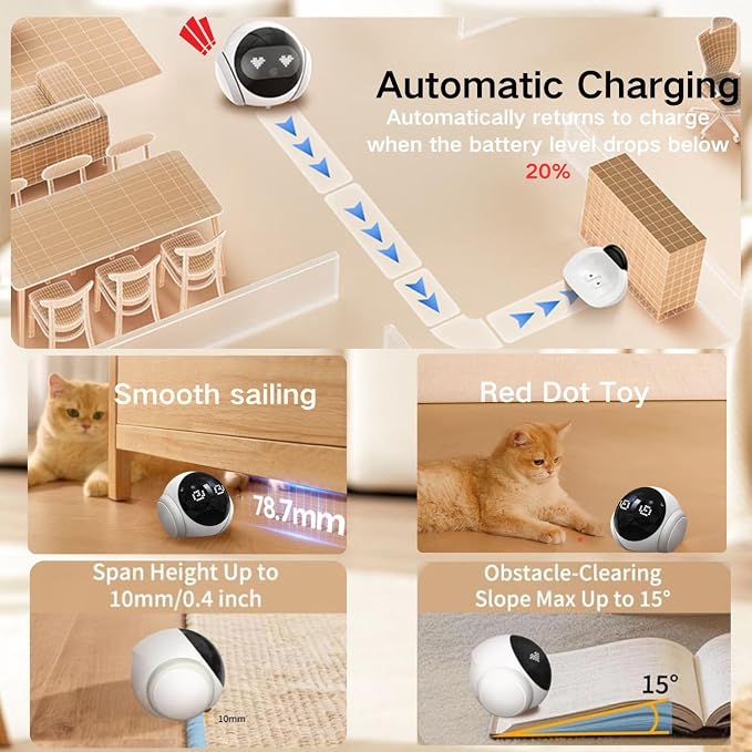 Smart 1080P Pet Camera Robot, Movable Indoor Dog & Cat Camera with Laser Toy, Auto Patrol & Recharge, Night Vision, 2-Way Talk, Home Security Cam for Baby & Elderly Care (Supports SD/Cloud Storage)