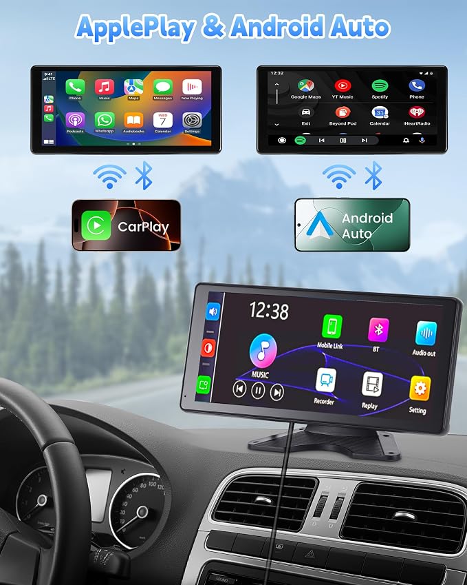10.36" RV Camera System with CarPlay & Android Auto Touch Monitor | Wired 4CH 1080P IP69 Waterproof Backup Camera. BSD blind spot alert & DVR Loop Recording for Semi Truck, Trailer, Camper, RV