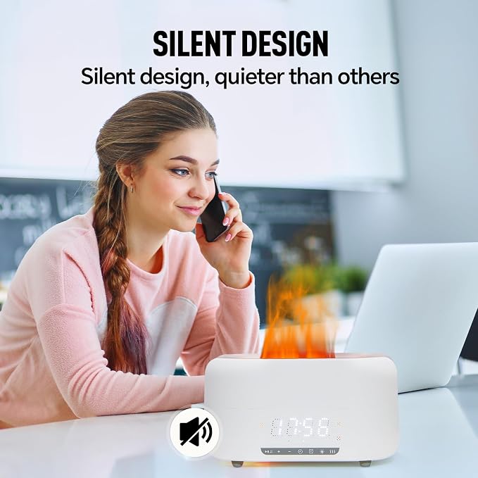 Aroma Essential Oil Diffuser & Humidifier 400mL, 5-in-1 Flame Effect Ultrasonic Diffuser with Bluetooth Speaker, LED Night Light & Clock, Quiet Diffuser for Bedroom Sleep Relaxation (White)