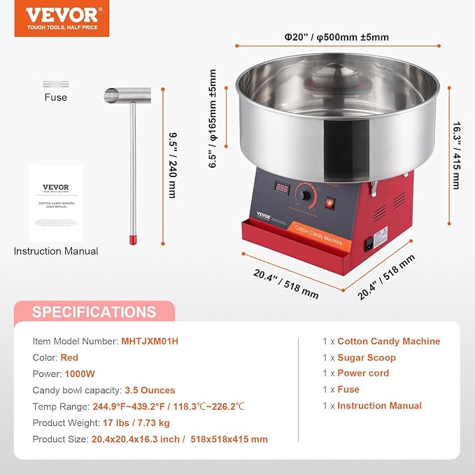 VEVOR Cotton Candy Machine Commercial, 1000W Electric Floss Maker with Stainless Steel Bowl, Sugar Scoop, Storage Drawer, Perfect for Home, Carnival, Kids Birthday, Family Party, Red