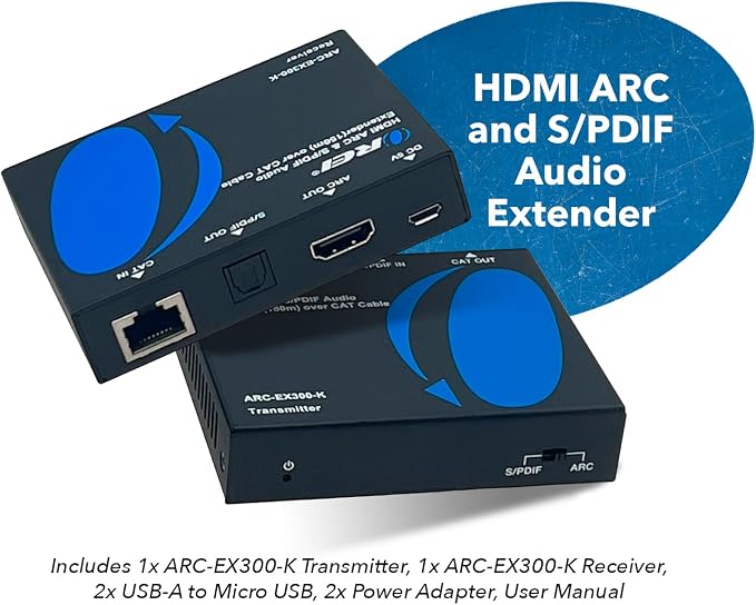 OREI ARC & SPDIF Audio Only Extender Balun Over Single CAT5e/6/7 Audio Return Channel Through HDMI Up to 300 Ft - Power Over Cable (ARC-EX300-K)