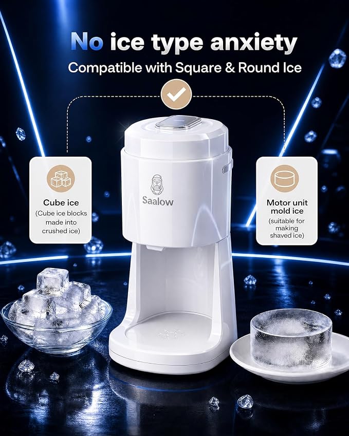 Electric Shaved Ice Machine, Professional Snow Cone Maker with Adjustable Thickness Settings, High-Efficiency 135W Motor, Portable Ice Crusher for Fluffy Ice & Slushies, Includes 2 Ice Molds