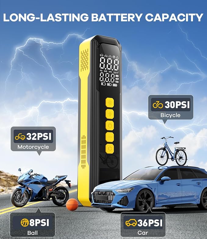 Tire Inflator Portable Air Compressor, 150PSI Air Pump for Car Tires with LED Light, Cordless Tire Pump with Digital Pressure Gauge, Tire Inflator for Car, Bike, Motorcycle, Ball (Yellow-length)