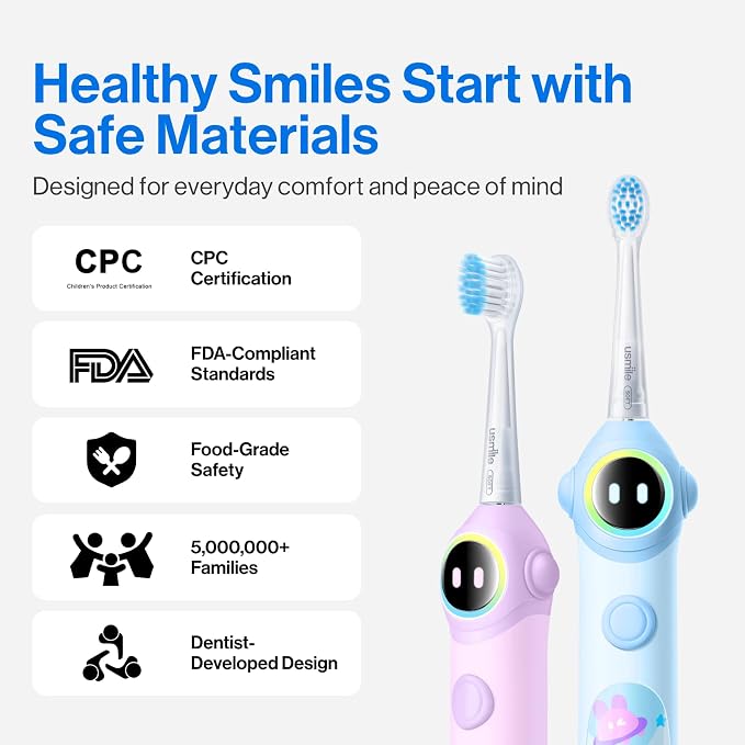 usmile Q30 Kids Electric Toothbrush 3+, Sonic Cleaning with Voice-Guided Brushing, USB-C Rechargeable, Ultra-Soft Brush Heads, IPX8 Waterproof (Blue)