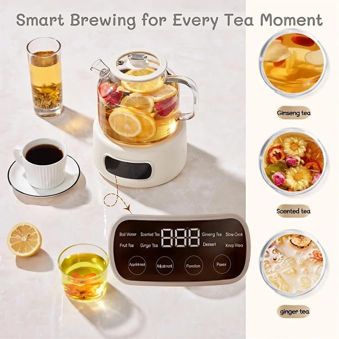 Lemuugo 1.2L Smart Electric Kettle with Tea Infuser, Borosilicate Glass Health Pot, Hot Water Kettle Electric, Digital Temperature Control with 24-Hour Timer, Tea, Stew & Dessert Cooker
