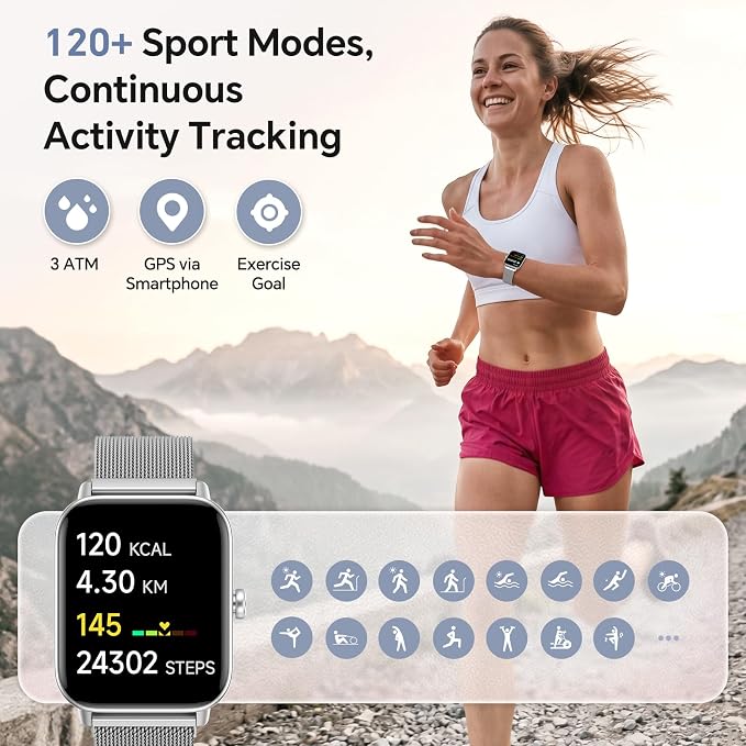 Smart Watches for Women Men (2 Bands), 1.85" HD Alexa Smart Watch for Android Phones & iphone Compatible, 120 Sport Modes Fitness Watch, Heart Rate/SpO2/Sleep Tracker, 3ATM Waterproof Pedometer Watch
