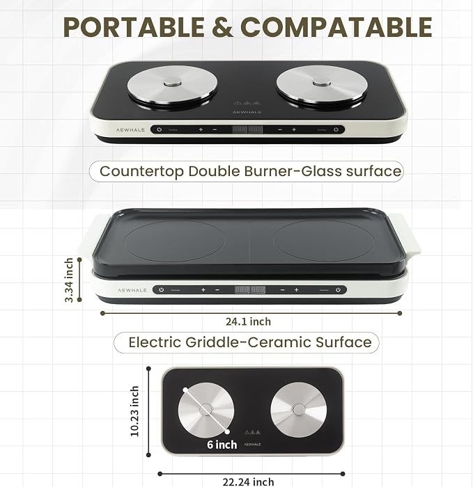 AEWHALE Electric Glass Cooktop 2 Burners with Removable Griddle Pan Non-stick,1800W Electric Hot Plate with Sensor Touch for Adjustable Temperature/Time