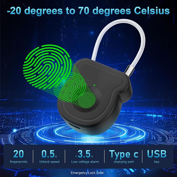 Fingerprint Padlock Lock with Key Backup, Biometric Metal Keyless Thumbprint Combination Lock, Waterproof, USB Rechargeable, for Gym Locker, School Locker, Luggage, Backpack, Suitcase