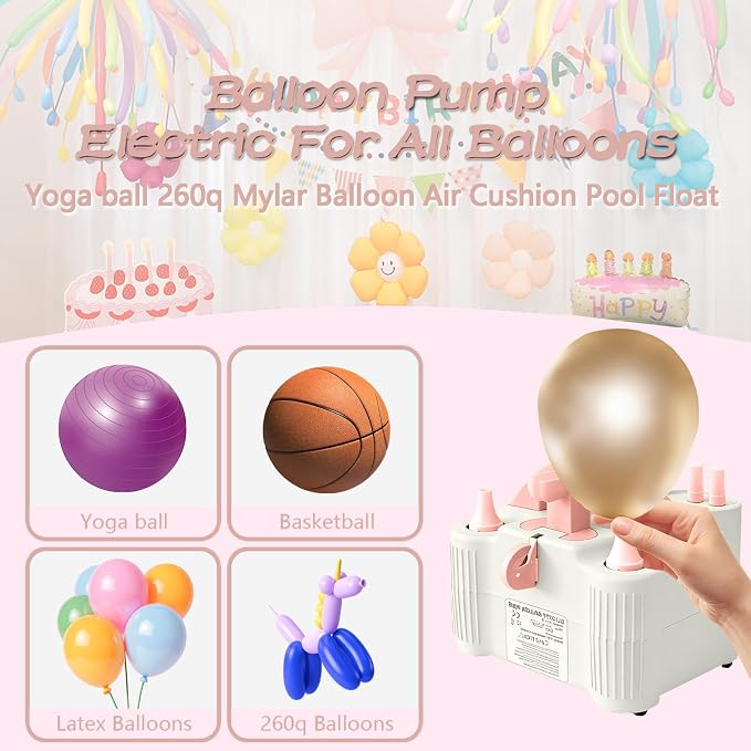4-in-1 Electric Balloon Pump for All Balloons, Inflatables, and Sports Balls, Portable High Power Triple Inflating Ports for Latex Foil 260q Mylar Balloon