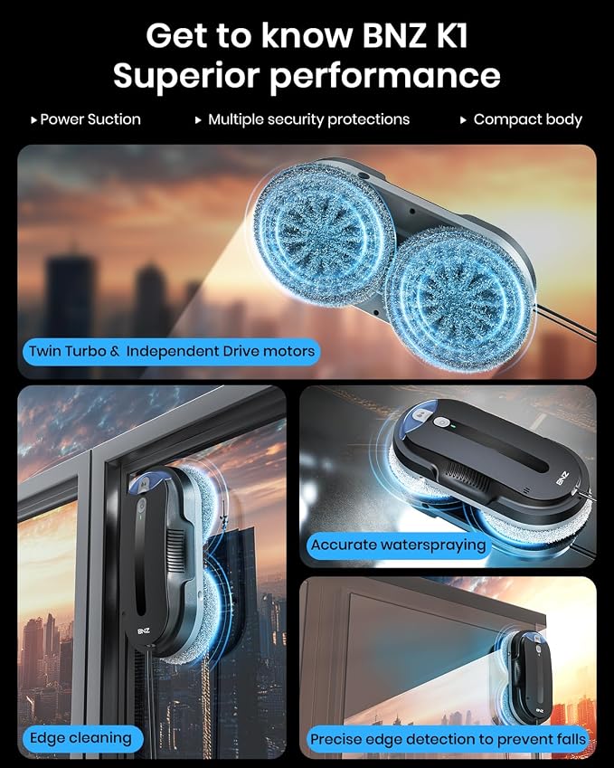 BNZ Smart Window Cleaning Robot, Twin Turbo & Dual Auto-Spray Window Cleaner with Multiple Safety System, AI Path Planning, Frameless Edge Detection, K1 (Matt Black)
