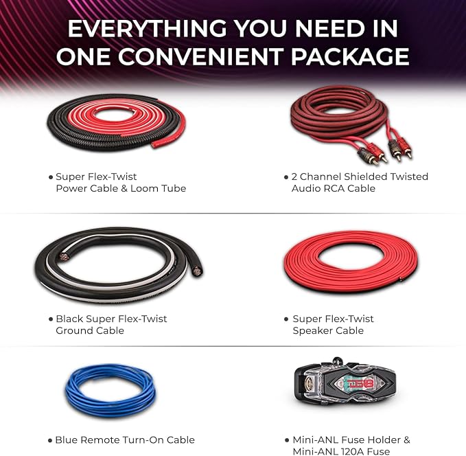 DS18 AKIT4.PU 4-GA Amplifier Installation Kit Up to 1680 Watts RMS, Mini-ANL Fuse Holder, Speaker & RCA Cables, CCA Amplifier Wiring Kit, Ultra Flex Wire, Amp Wire Kit, Amp Wiring Kit 4 Gauge - Purple