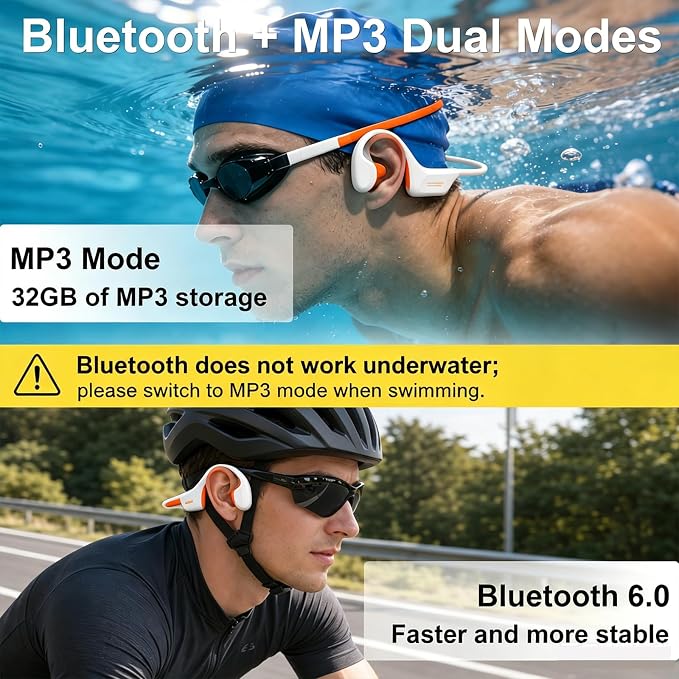 Swimming Headphones Underwater, Bone Conduction Swimming Headphones IPX8 Waterproof Open Ear Headphones with 32GB Built-in MP3, Bluetooth 6.0 Dual Mode, Dual Device Pairing, Magnetic Charging(Beige