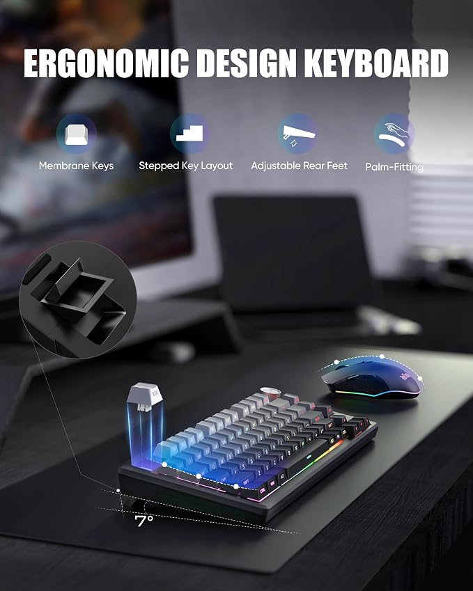 RedThunder K75 Wireless Membrane Keyboard & Mouse Combo,75% Side-Engraved Keycaps,Optical Gaming Mouse with 4800DPI,3 Modes(BT/2.4G/Wired),Dual System,RGB Backlit,Rechargeable Battery,Gradient Gray