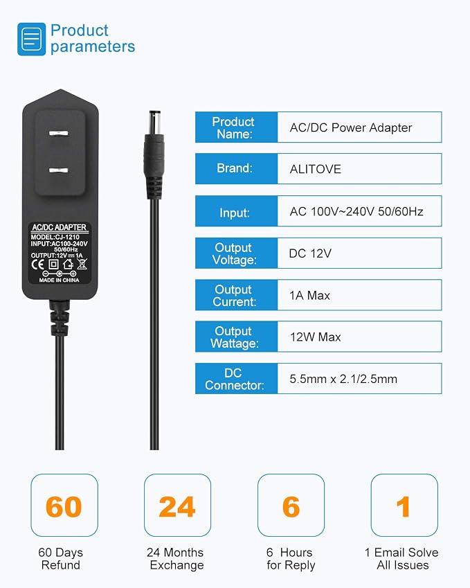ALITOVE 12V 1A Power Supply AC Adapter 100-240V 50-60Hz to DC 12 Volt Transformer 12W Replacement Power Cord 5.5 x 2.5mm/2.1mm Tip for CCTV Security Camera DVR NVR System Router LED Strip (5 Pack)