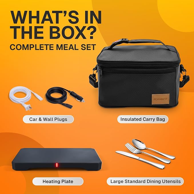 FORABEST Portable Microwave Food Warmer - Electric Lunch Box 80W with Insulated Bag and Utensils - 12V/24V Car/Truck & 110/220V Home/Office Use - Fits up to 10 x 7 x 5 Inches Containers - Black
