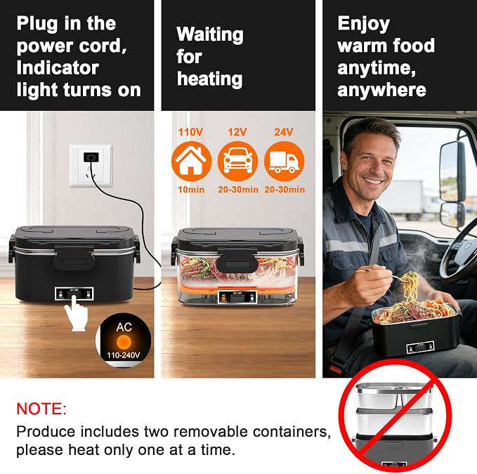 IFENROL Electric Heated Lunch Box for Adults, 100W 3-IN-1 2 Pack 1.8L Containers Heating Lunch Box for Men Portable Double Layer, Fast Heated Food Warmer,12V/24V/110V for Car Truck Office Home