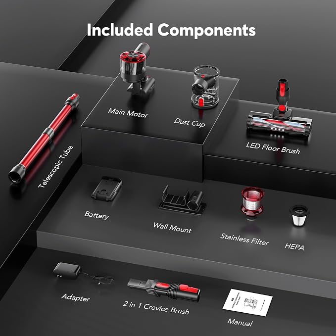 Comvtu Cordless Vacuum Cleaner for Home, 80,000PRM Powerful 4 in 1 Lightweight Stick Vacuum with 2 Adjustable Suctions, Max 40 Mins Runtime, 2600mAh Rechargeable Vacuum Cleaners (Deep Red)