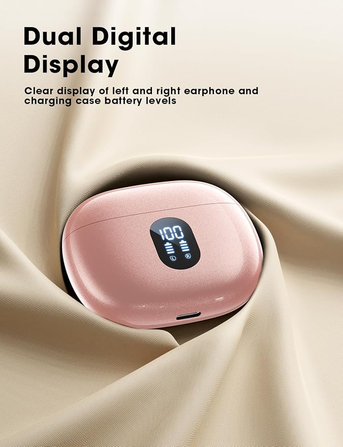 jaddsa Wireless Earbuds Bluetooth 5.3 Ear Buds, Hi-Fi Stereo Bass Ear Buds with 48H Playtime & LED Display, Lightweight in-Ear Headphones with Mic, IPX7 Waterproof, Touch Control for iPhone Rosegold