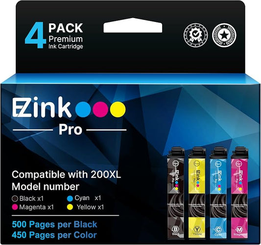 E-Z Ink Pro Remanufactured Ink Cartridge Replacement for Epson 200 Ink Cartridges Combo Pack for 200XL Ink Cartridges to use with XP-200 XP-300 XP-310 XP-400 XP-410 WF-2520 WF-2530 Printer(4 Pack)