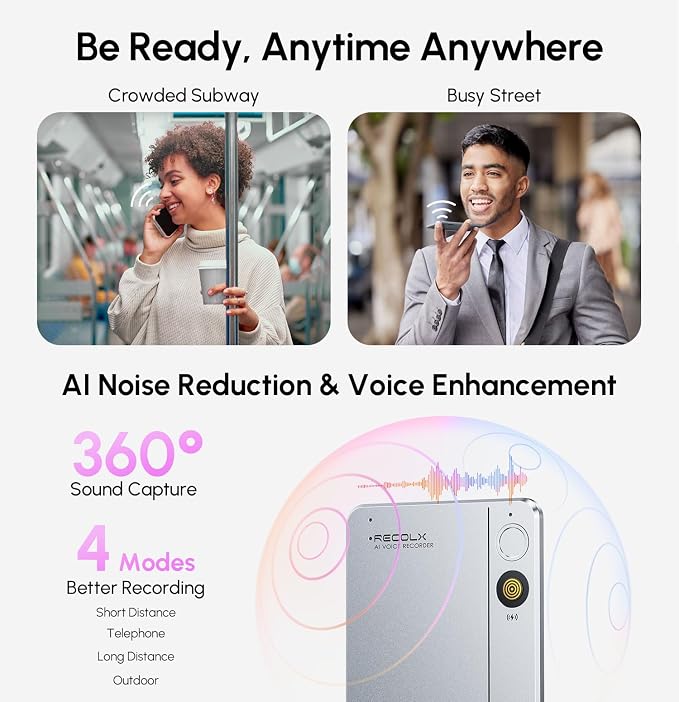 AI Voice Recorder & Transcriber with GPT-5.2 Analysis – 30-Hour Recording, 112-Language Speech-to-Text & Auto Summary for Meetings, Lectures & Interviews,Grey