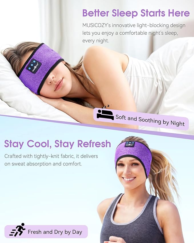 MUSICOZY Bluetooth 5.4 Sleep Headphones Headband, Zipper Washable Eye Mask with HD Stereo Speakers + Wireless Sports Headband, 14H Playtime Music Headphones for Sleeping, Running, Travel, Meditation