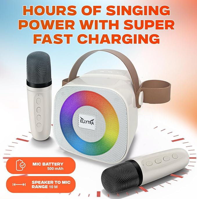 Kids Karaoke Machine with 2 Wireless Rechargeable Microphones, Portable Bluetooth Speaker with RGB Lights, Mic & Phone Holder, Beige - Birthday Gifts for Girls Boys
