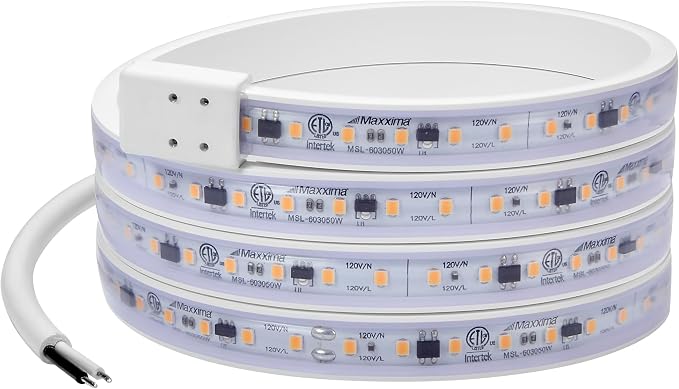 Maxxima 60 in. Hardwired LED Under Cabinet Strip Light, 2300 Lumens, 3000K Warm White, Kitchen and Living Room 120V White Cove Lighting, No Power Supply Needed