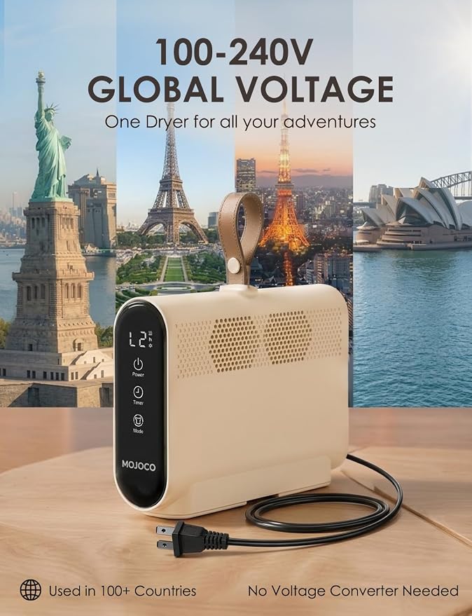 MOJOCO Travel Clothes Dryer - Global Voltage Mini Portable Dryer with Timer & Quiet Operation - Small & Compact dryer for Dorms, Apartments, RVs