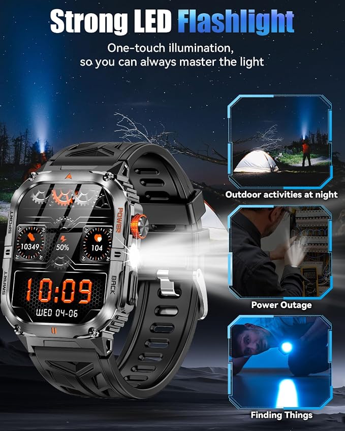 Military Smart Watch for Men, 2.01" Smartwatch with 1200mAh Battery, Flashlight, Answer/Make Calls, Heart Rate/Sleep Monitor 100+ Sport Modes Fitness Tracker for Android/iPhone (Black 03)