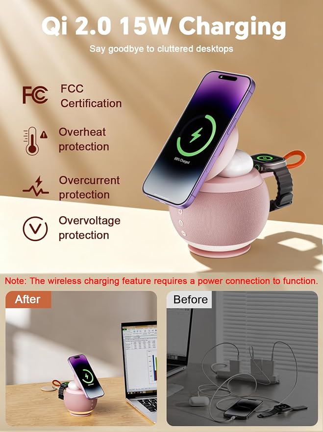 5 in 1 Wireless Charging Station with Bluetooth Speaker and Night Light, Magnetic Fast Charger Stand for iOS Phones, Smartwatch and Wireless Earbuds, Bedside Charging Station, Pink