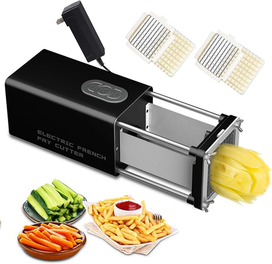 SIXRARI Electric French Fry Cutter, French Fries Cutter with 1/2 & 3/8 Inch Blade, Automatic Potato Cutter, Professional Commercial and Household Potato Slicer, Use for Cucumbers, Carrot, Apples