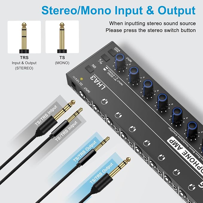 LZSIG Headphone Amplifier with Bass Boost, 8 Channel, 1 IN 8 OUT, DC 12V | Metal Stereo Audio Amplifier, Mini Earphone Splitter with Power Adapter, 1/4" & 1/8" TRS Headphones Output & TRS Audio Input