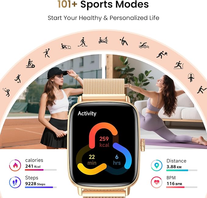 Gydom Smart Watch for Women and Men, 1.85" HD Activity Fitness Trackers for iPhone/Android/Samsung (Answer/Make Calls), Heart Rate/SpO2/Sleep/Period Monitor, 101+ Sports Modes, IP68 Waterproof, Golden