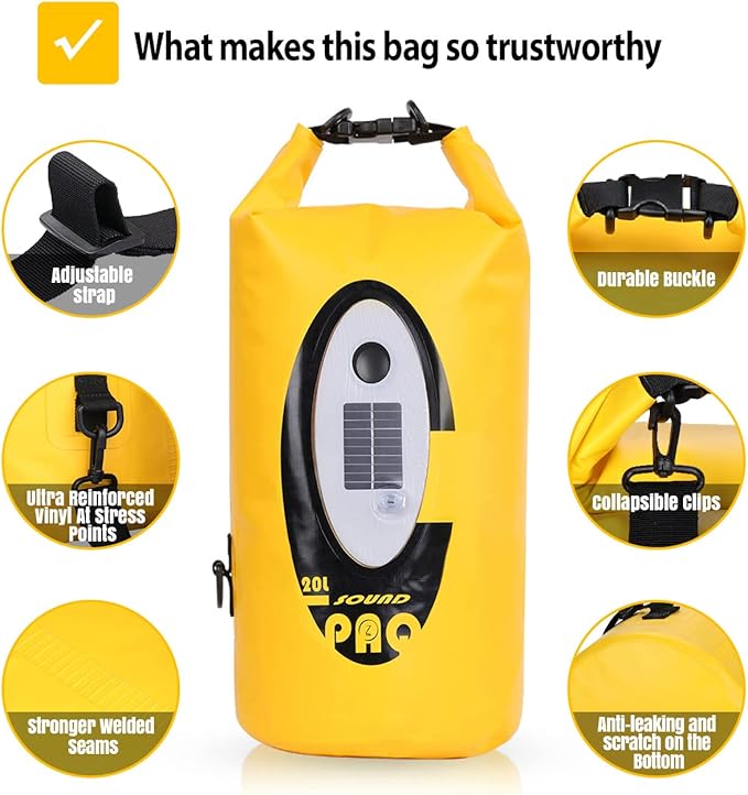 Qoolife Dry Bag Waterproof with Solar Bluetooth Speaker & Light - 10L/20L Roll Top Dry Sack Keeps Gear Dry for Men Women Kayaking, Beach, Rafting, Boating, Hiking, Camping and Fishing