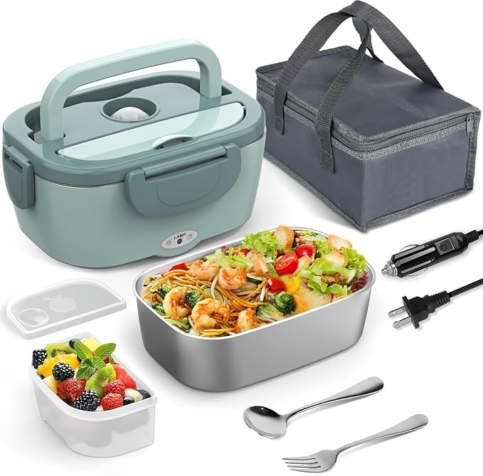 WisaKey Electric Lunch Box Food Heater, 80W Heated Lunch Box for Adults, 12V 24V 110V Portable Food Warmer LunchBox for Car Truck Work with Container, Carry Bag Gifts Fathers Day for Dad Husband Men